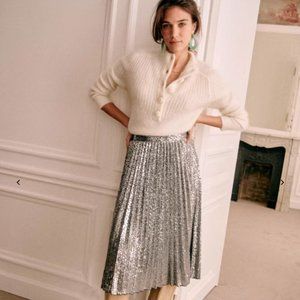 NEW Sezane Pleated Dino Skirt Sequin Silver NWOT Sz 4/36